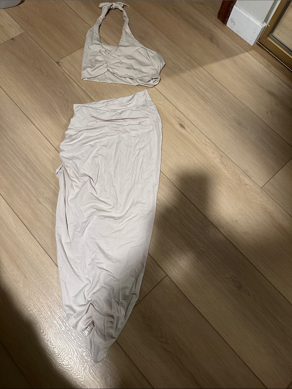 Light Cream Women’s Top and Midi Skirt - Minimal Draped Style